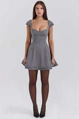 French Grey Fitted Mini Dress With Voluminous Skirt