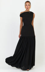Azure Maxi Dress - Tipped Shoulder Dress With Tuck Detail and Leg Split in Black