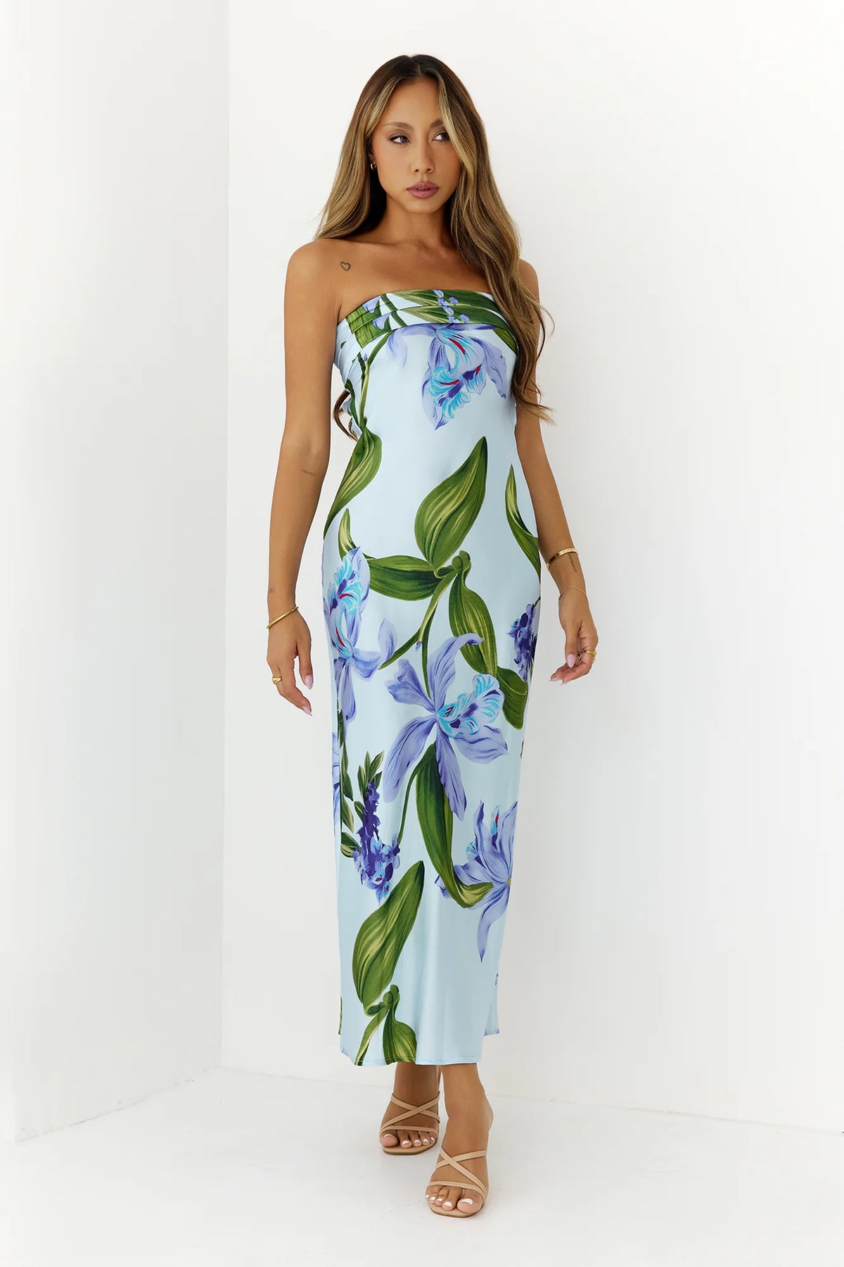 Tropical Escape Strapless Satin Maxi Dress Blue