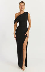 Helen Maxi Dress - One Shoulder Draped Fitted Dress in Black
