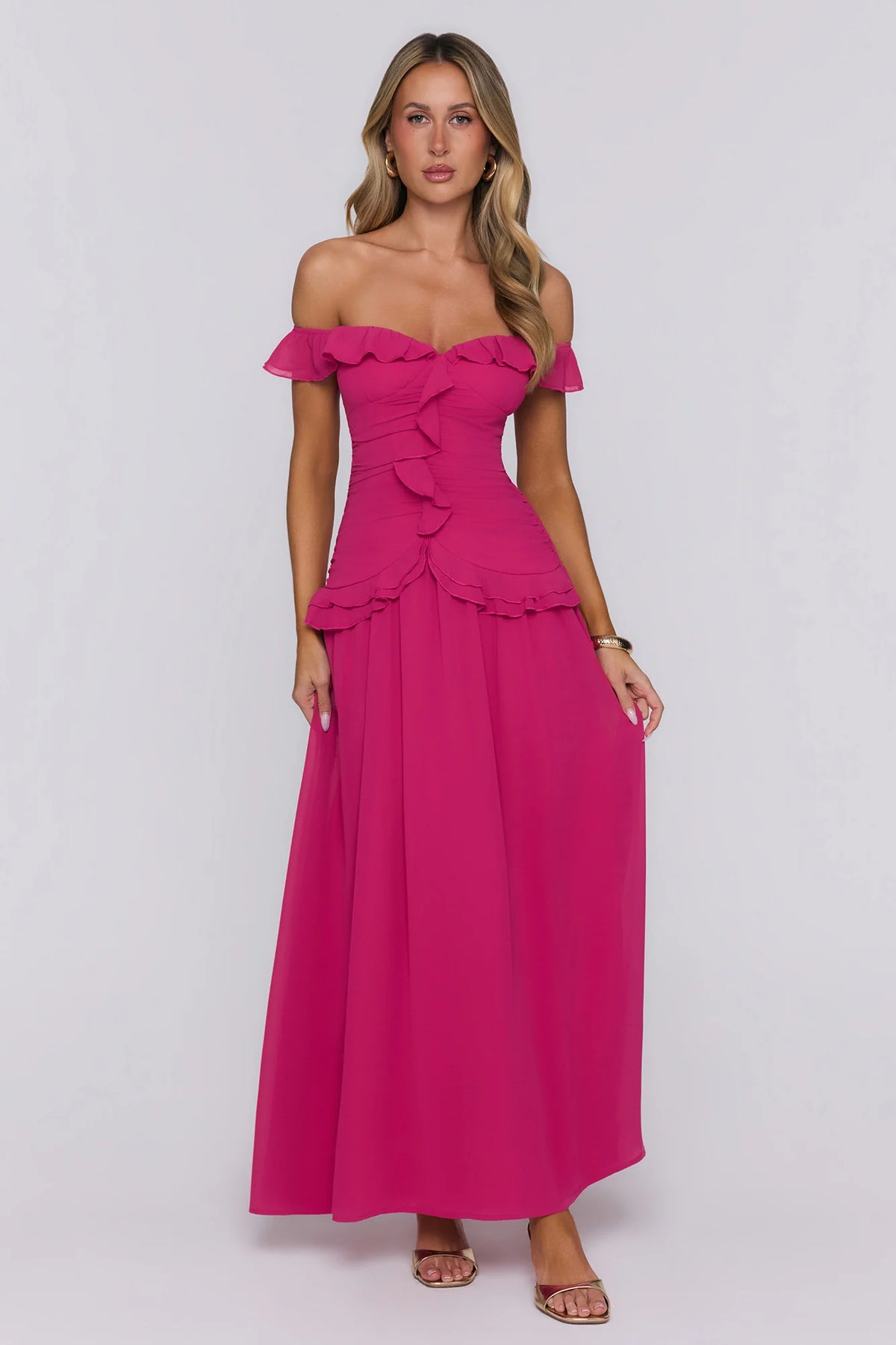 Dewy Glow Off Shoulder Maxi Dress Magenta