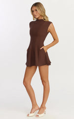 Becky Mini Dress - High Neck Sleeveless Fit And Flare Dress in Chocolate