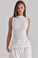 White Cotton Placement Lace Broderie Anglais Boat Neck Top