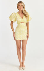 Diana Mini Dress - Jacquard Short Sleeve Cut Out Dress in Lemon