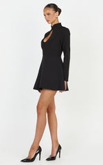 Renee Mini Dress - Long Sleeve Keyhole Fit and Flare Dress in Black