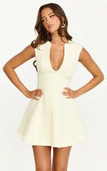 Nelson Mini Dress - Low Cut Boucle Fit & Flare Mini Dress in Cream
