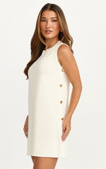 Terri Mini Dress - Scoop Neck Button Down Knit Dress in Plain White