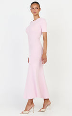 Lanie Midi Dress - Knitted Crew Neck Short Sleeve Dress in Pink