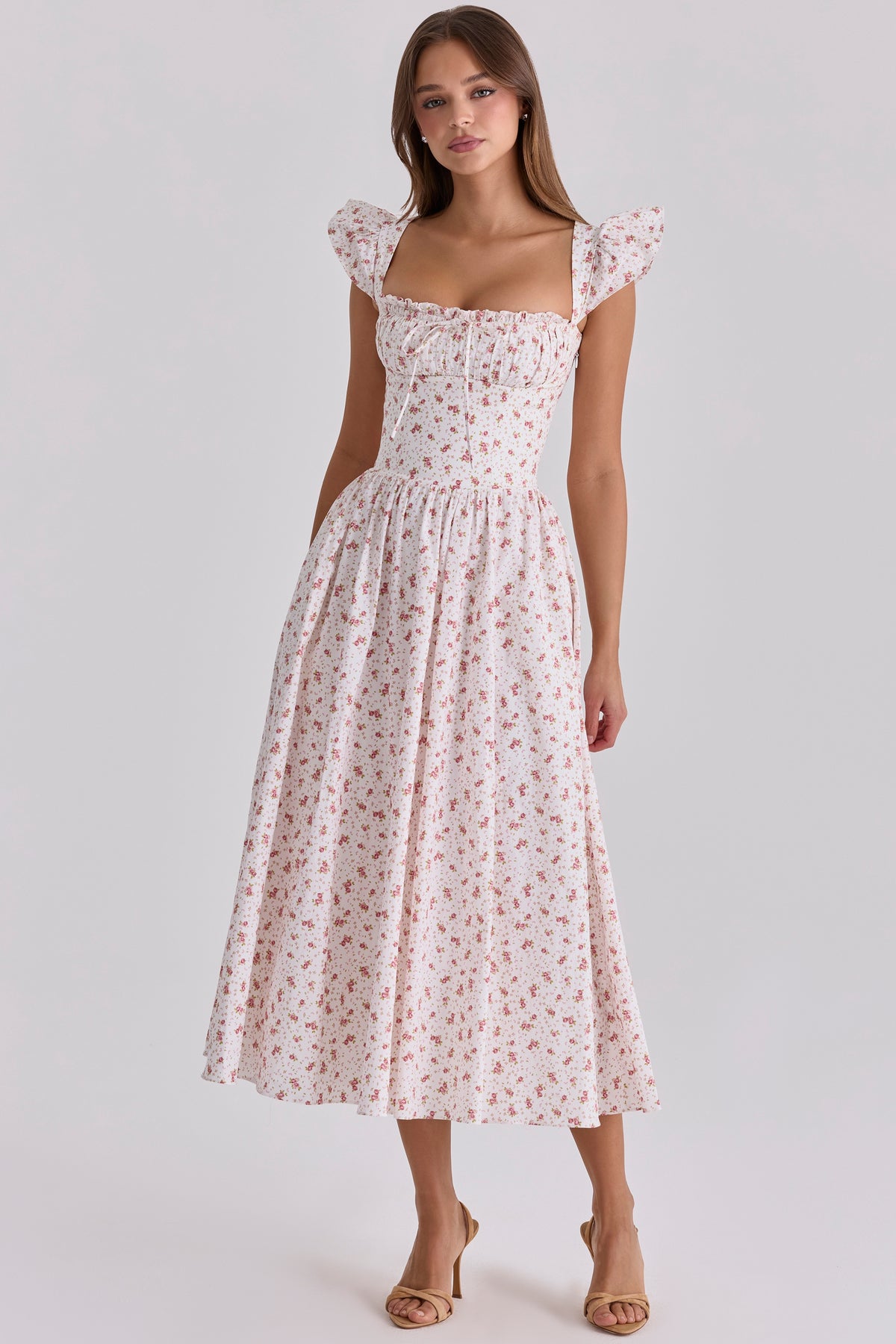White Rose Print Cotton Midi Sundress