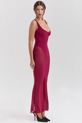 Wine Stretch Mesh Maxi Dress