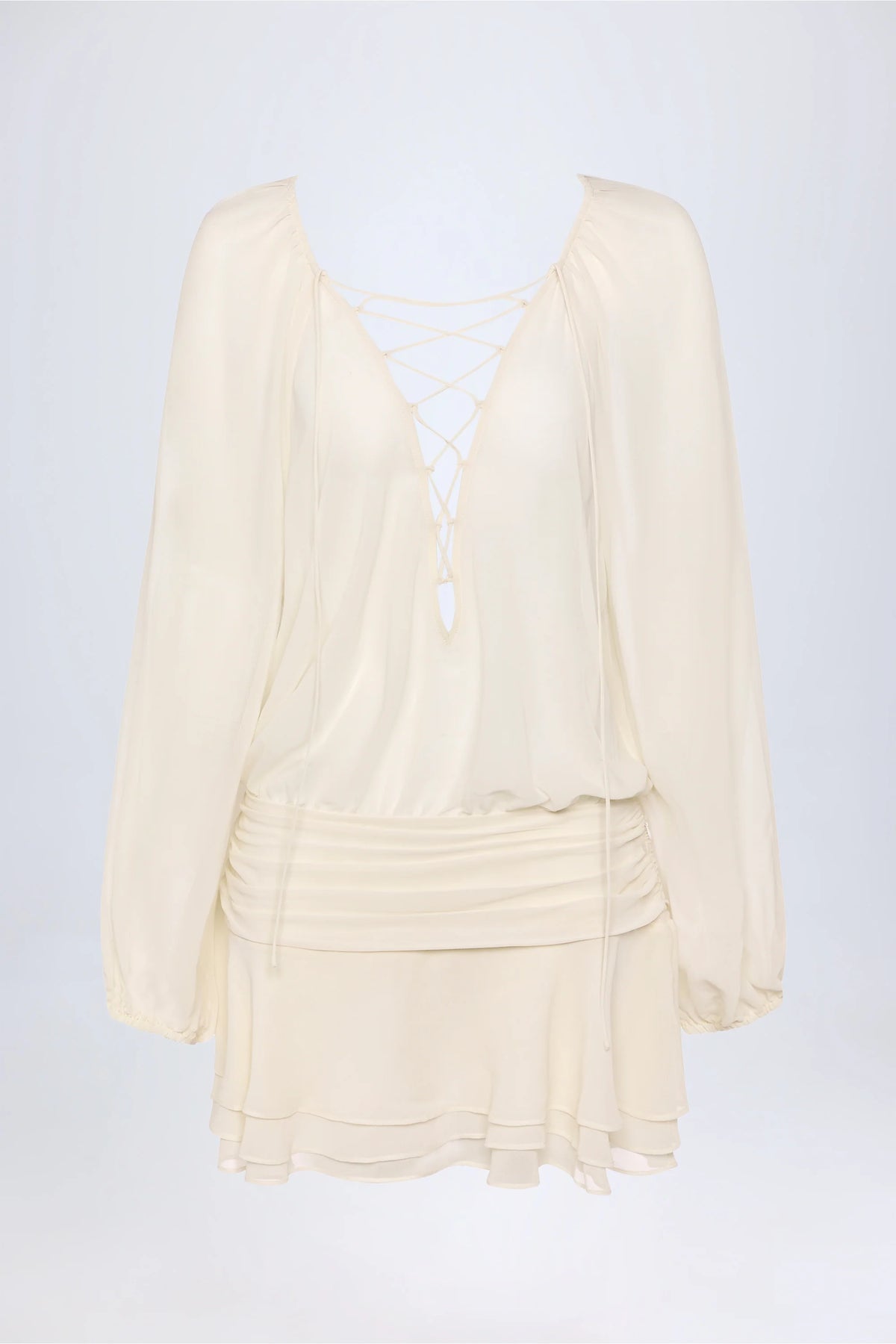 Lace-Up Balloon-Sleeve Mini Dress in Ivory