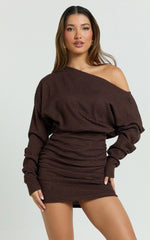 Alyce Mini Dress - Long Sleeve One Shoulder Dress in Chocolate