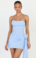 Riley Mini Dress - Strapless Draped Corset Bodycon Dress in Blue