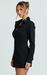 Shawn Mini Dress - Long Sleeve Button Down Denim Shirt Dress in Black