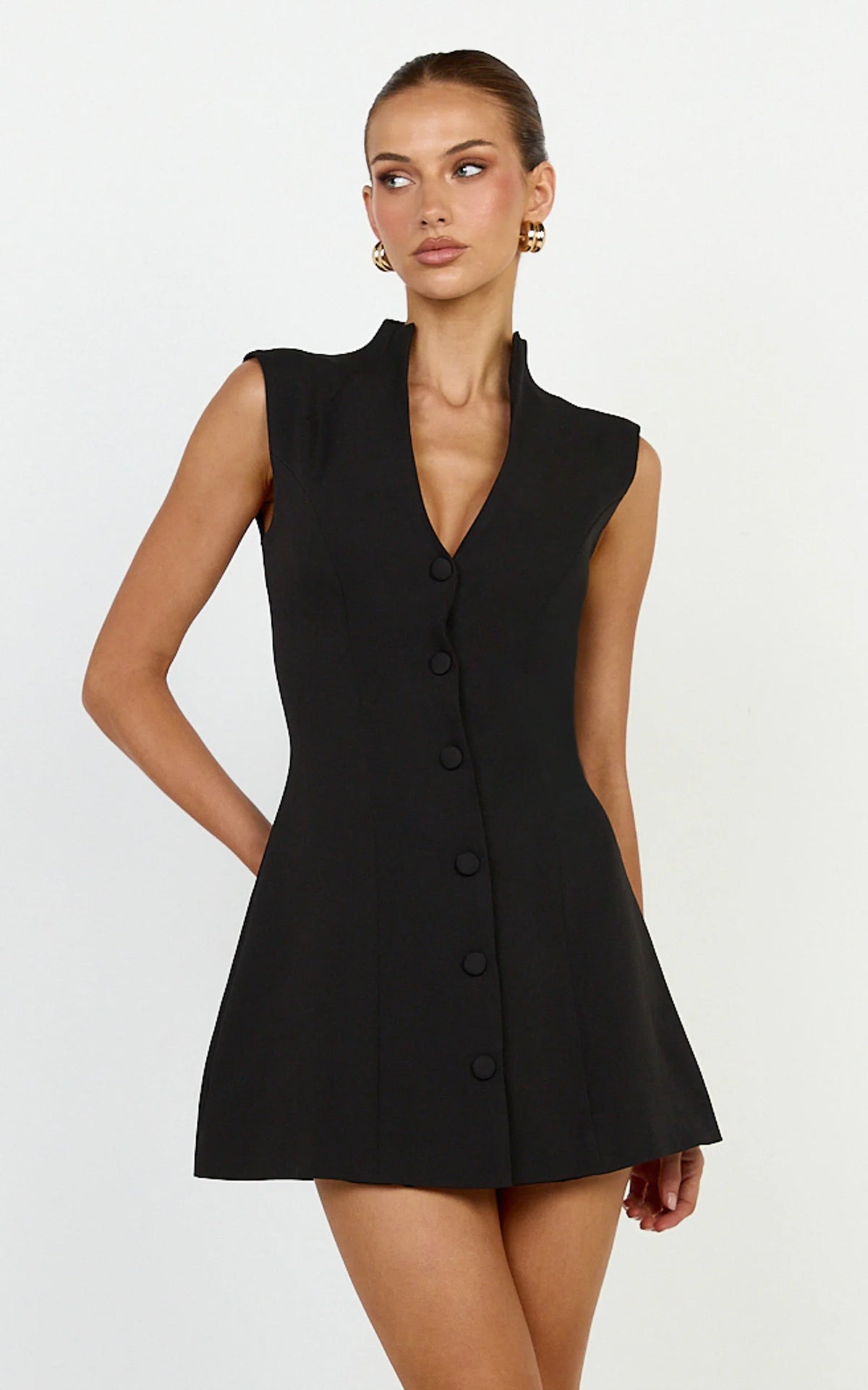 Jacinta Mini Dress - Sleeveless Button Front Tulip Dress in Black