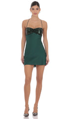 Satin Sequin Bust Dress in Green