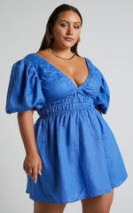 Amalie The Label - Khaila Linen Plunge Puff Sleeve Mini Linen Dress - In Blue