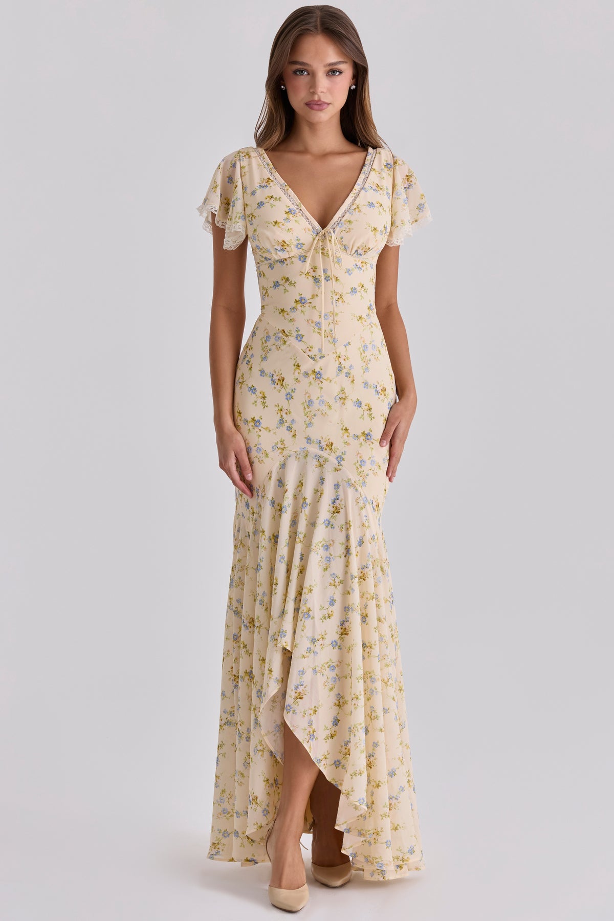 Lemon Floral Print Georgette Maxi Tea Dress