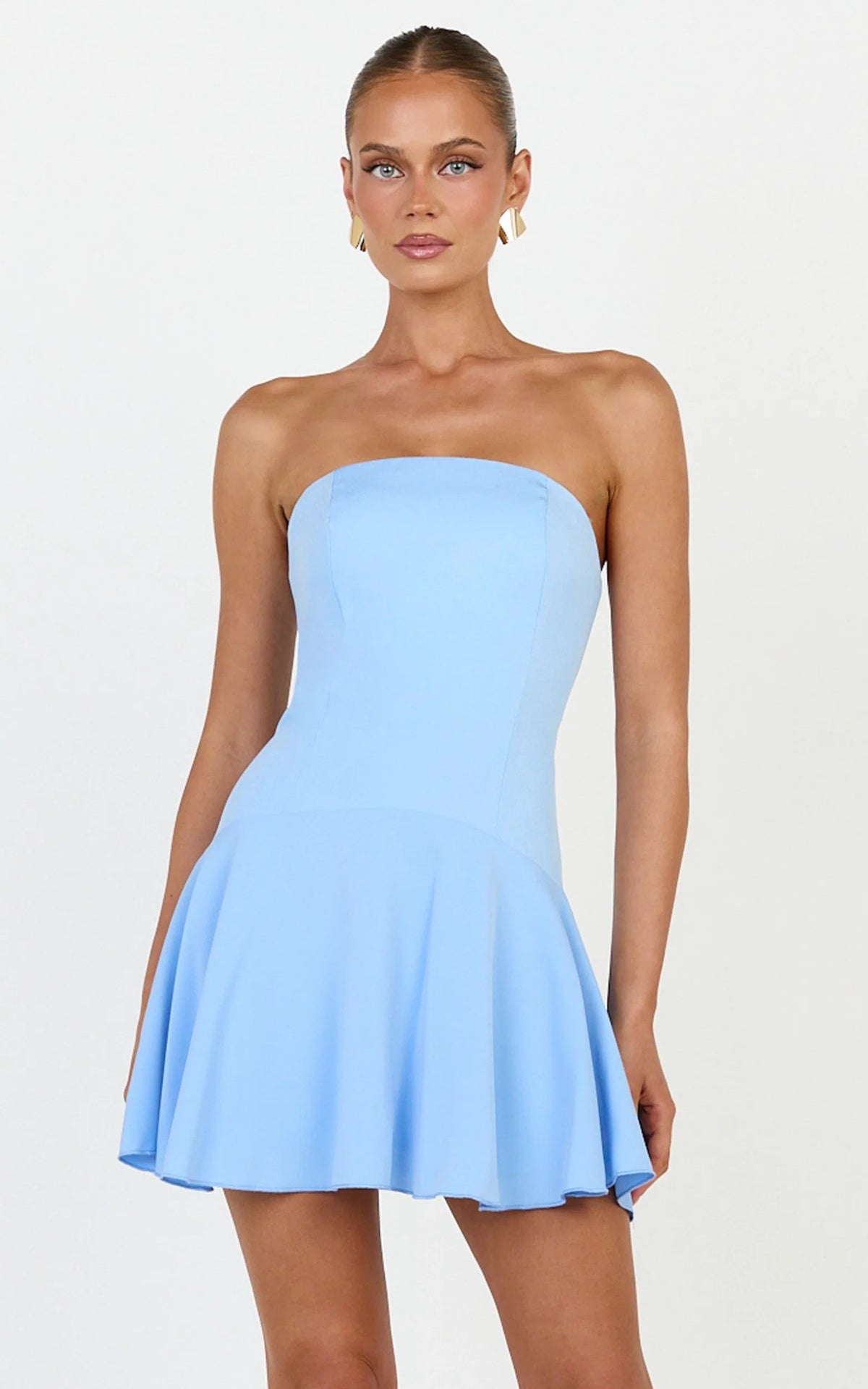 Poppy Mini Dress - Contrast Skirt Strapless Dress in Blue