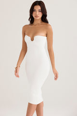 White Ribbed Knit Strapless Midi Dress