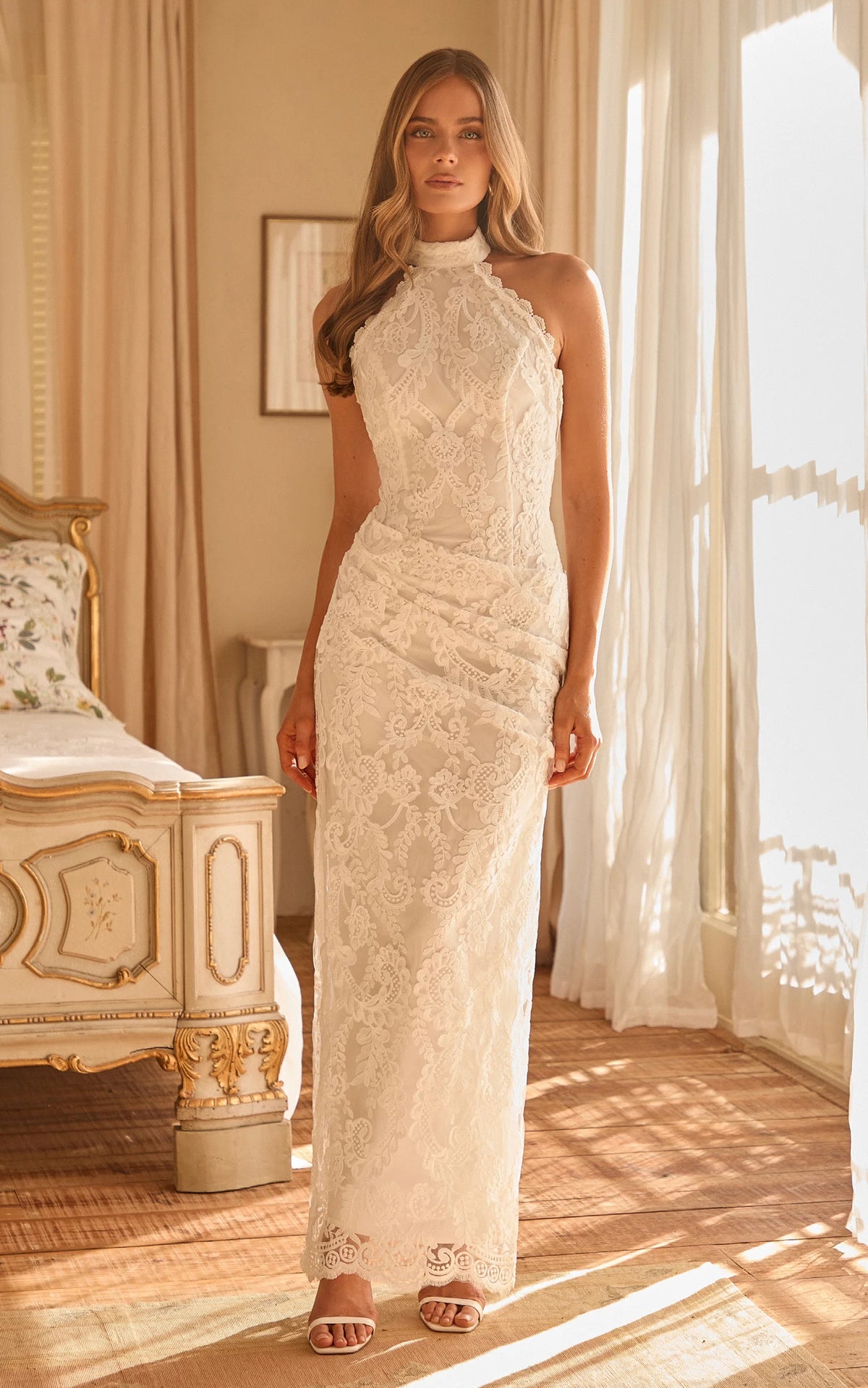 Molly Midi Dress - Backless Lace Halter Dress in White