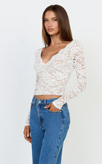 Marlowe Top - V Neck Long Sleeve Lace Top in White