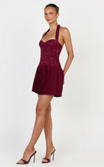 Malia Mini Dress - Lace Corset Bodice Pleated Skirt Halter Dress in Wine
