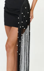 Liana Mini Dress - Boat Neckline Pearl Fringe Dress in Black