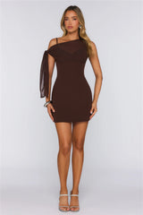 Nyra One Shoulder Mini Dress Chocolate