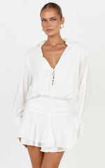Melanie Mini Dress - Tie Front Long Sleeve Shirt Dress in White