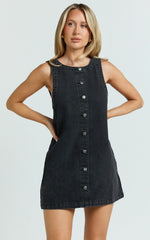 Leia Mini Dress - High Neck Mock Button Down Mini Dress in Black Wash