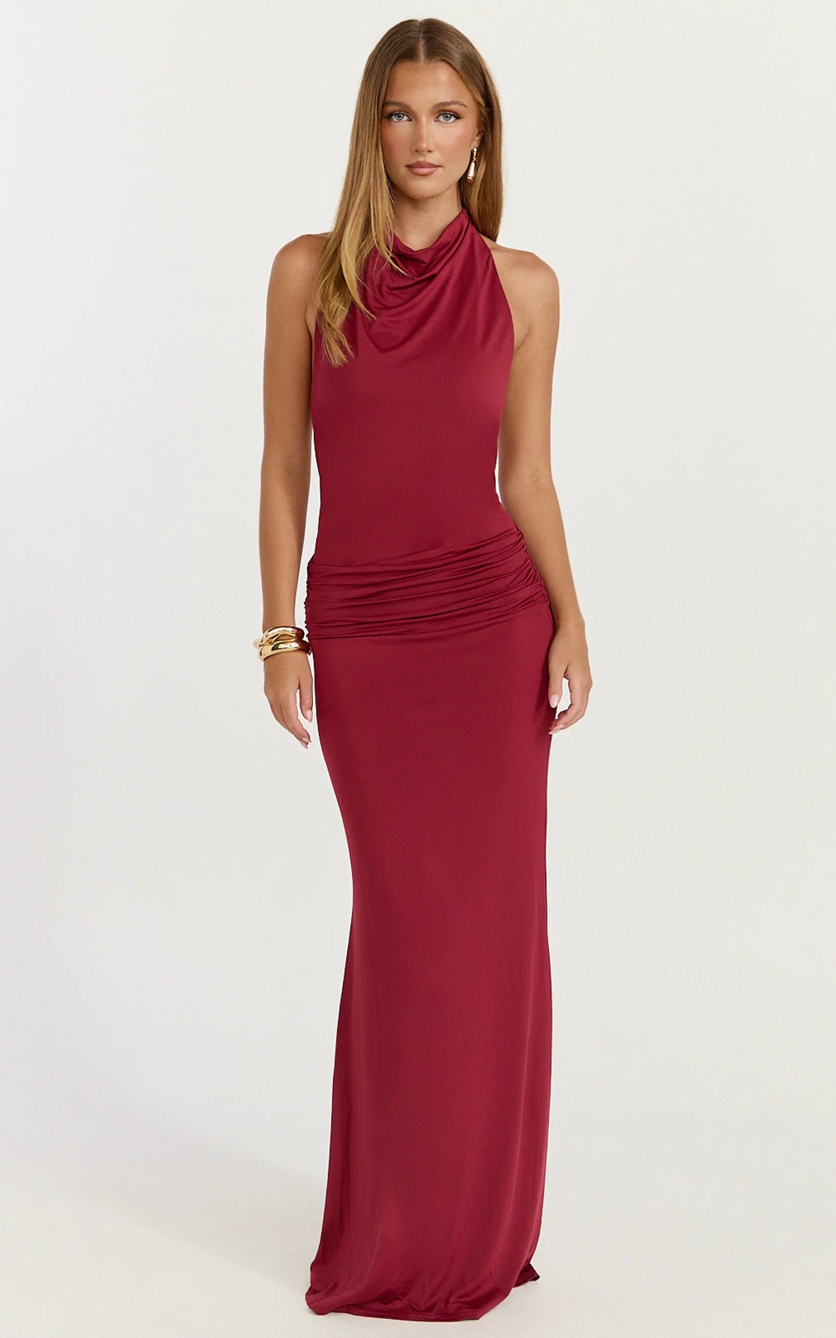 Lizzy Maxi Dress - Backless Ruched Bodycon Dress in Wine