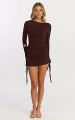 Primrose Mini Dress - Slash Neck Long Sleeve A Line Dress in Chocolate