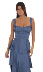 Satin Ruffle Maxi Dress in Slate Blue