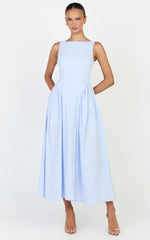 Casina Midi Dress - Boat Neck Tie Back Fit And Flare Dress in Blue