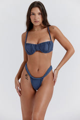 Deep Blue Gathered High Leg Bikini Bottom