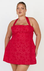 Gabbie Mini Dress - Jacquard Halter Fit And Flare Dress in Red