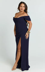 Marcel Maxi Dress - Off Shoulder Corset High Split Dress in Navy