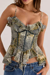 Animal Print Beaded Georgette Ruffled Corset Top