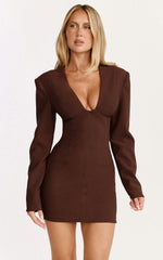 Zyla Mini Dress - Wide Shoulder Sweetheart Neck Fitted Dress in Chocolate