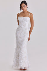 White Hand Beaded Embellished Satin Bridal Gown