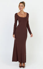 Gabriella Maxi Dress - Long Sleeve Scoop Neck Dress in Chocolate
