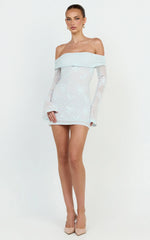 Raymond Mini Dress - Off Shoulder Long Sleeve Fitted Dress in Blue