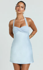 Flynn Mini Dress - Satin Halter Sweetheart Neck Dress in Blue