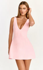 Karissa Mini Dress - V Neck Fit And Flare Dress in Pink