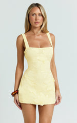 Sienna Mini Dress - Square Neck Floral Embroidered A Line Dress in Lemon