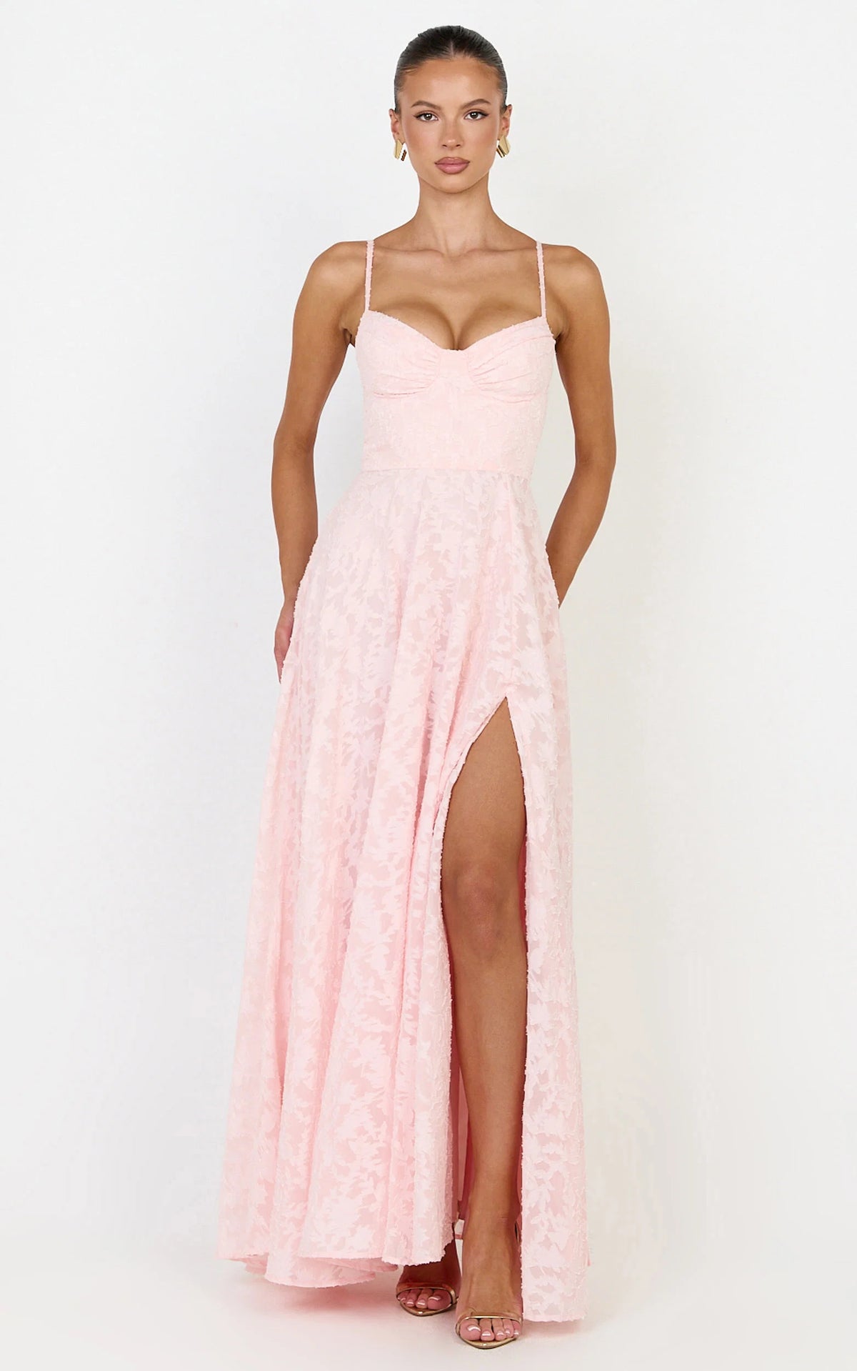 Rachel Maxi Dress - Sweetheart Neckline Jacquard Front Split Dress in Pink