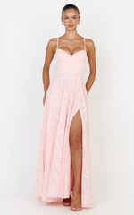 Rachel Maxi Dress - Sweetheart Neckline Jacquard Front Split Dress in Pink