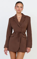 Harlee Mini Dress - Belted Cinch Waist Blazer Dress in Mocha