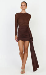 Jasmine Mini Dress - Long Sleeve Draped Skirt Overlay Dress in Chocolate